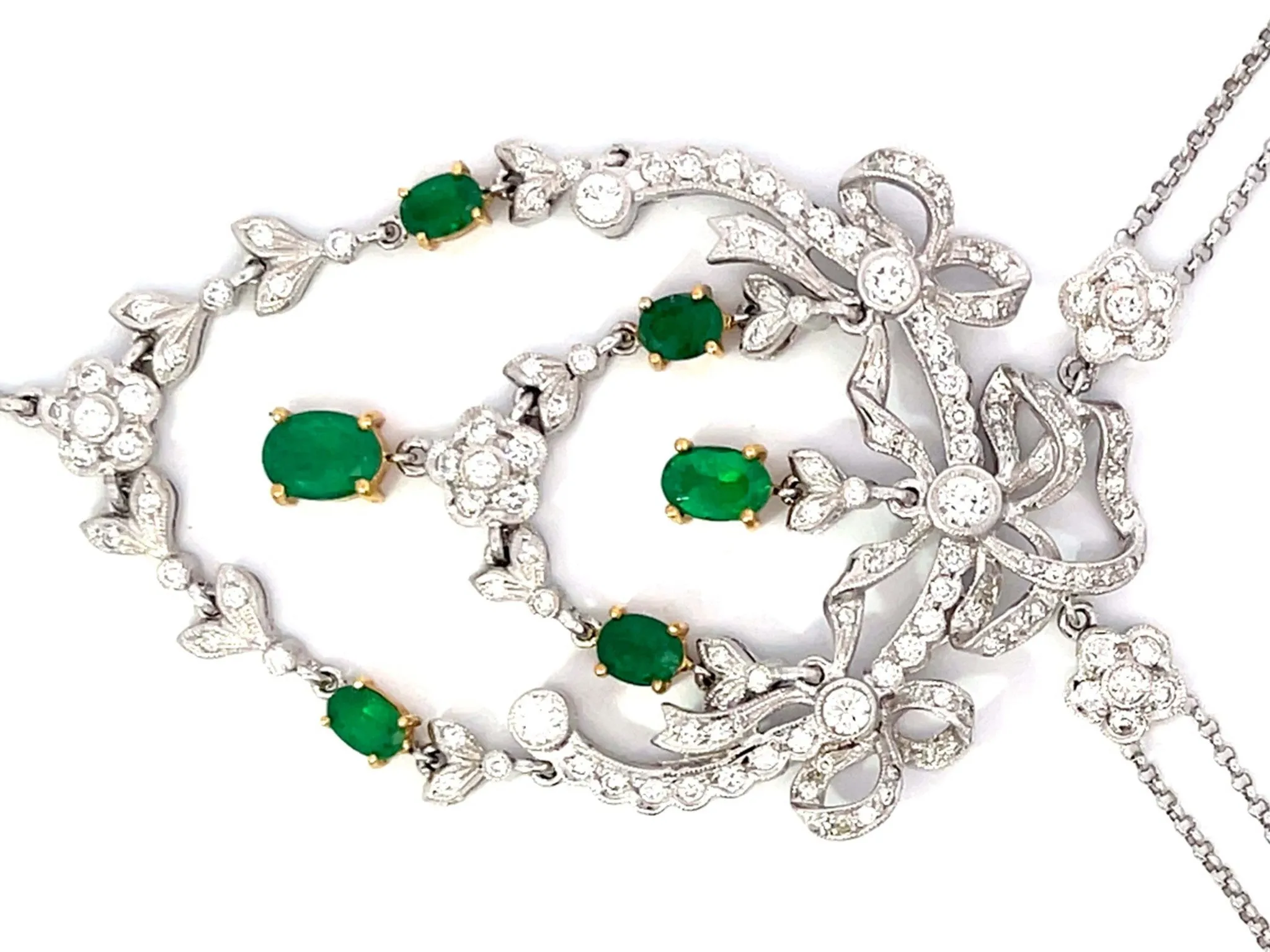 Victorian Diamond and Emerald Dangly Pendant Necklace in 18k White Gold