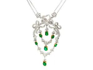 Victorian Diamond and Emerald Dangly Pendant Necklace in 18k White Gold