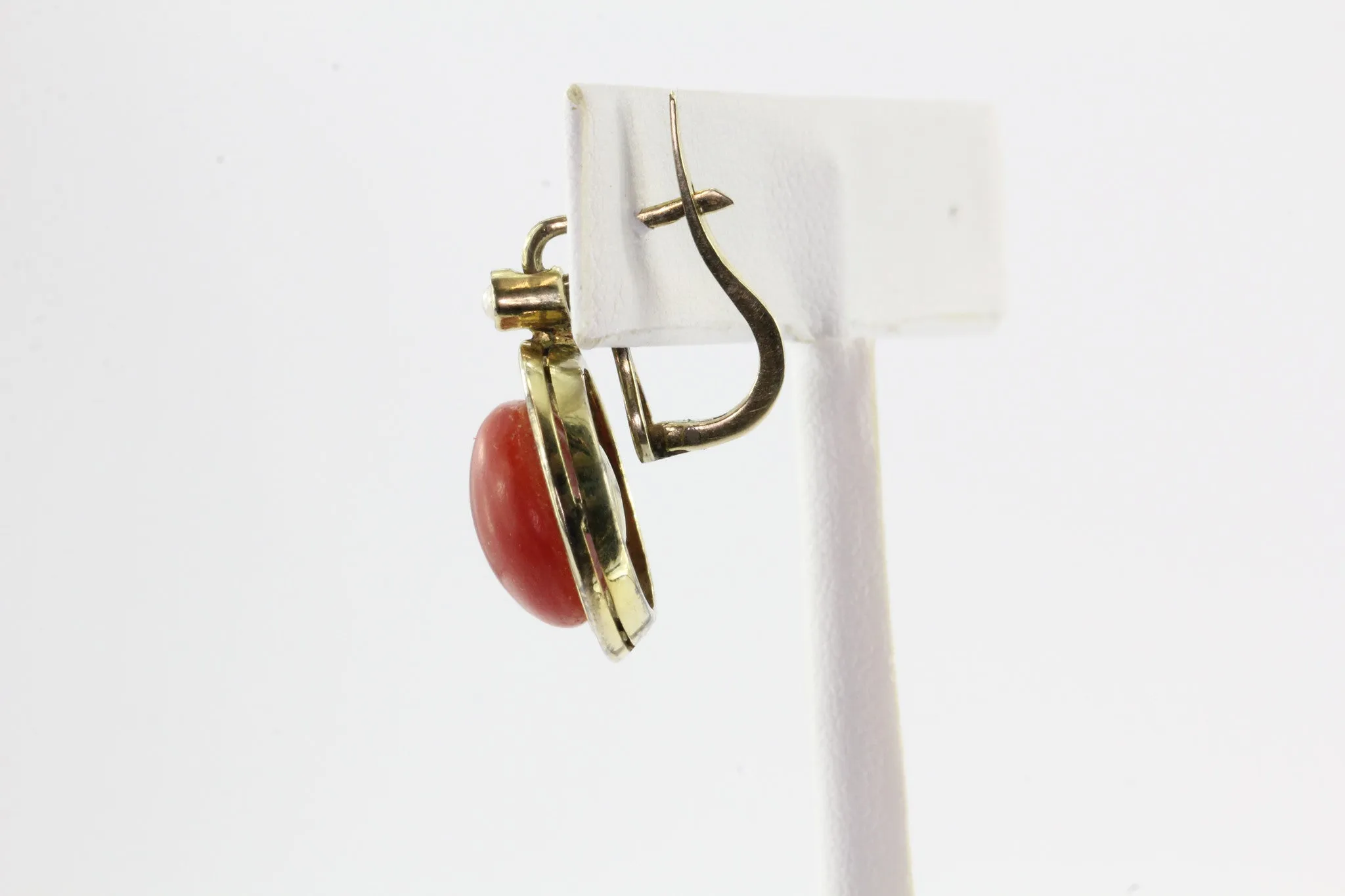 Victorian Red Oxblood Coral Seed Pearl 14K Gold Earrings