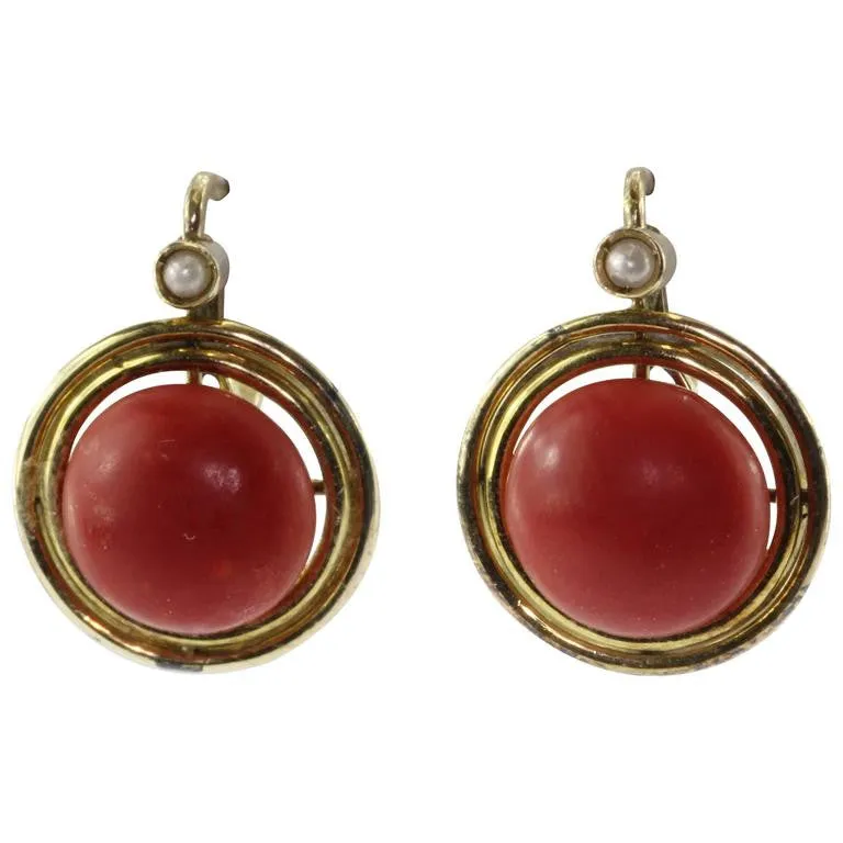 Victorian Red Oxblood Coral Seed Pearl 14K Gold Earrings