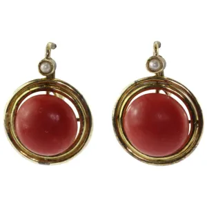 Victorian Red Oxblood Coral Seed Pearl 14K Gold Earrings