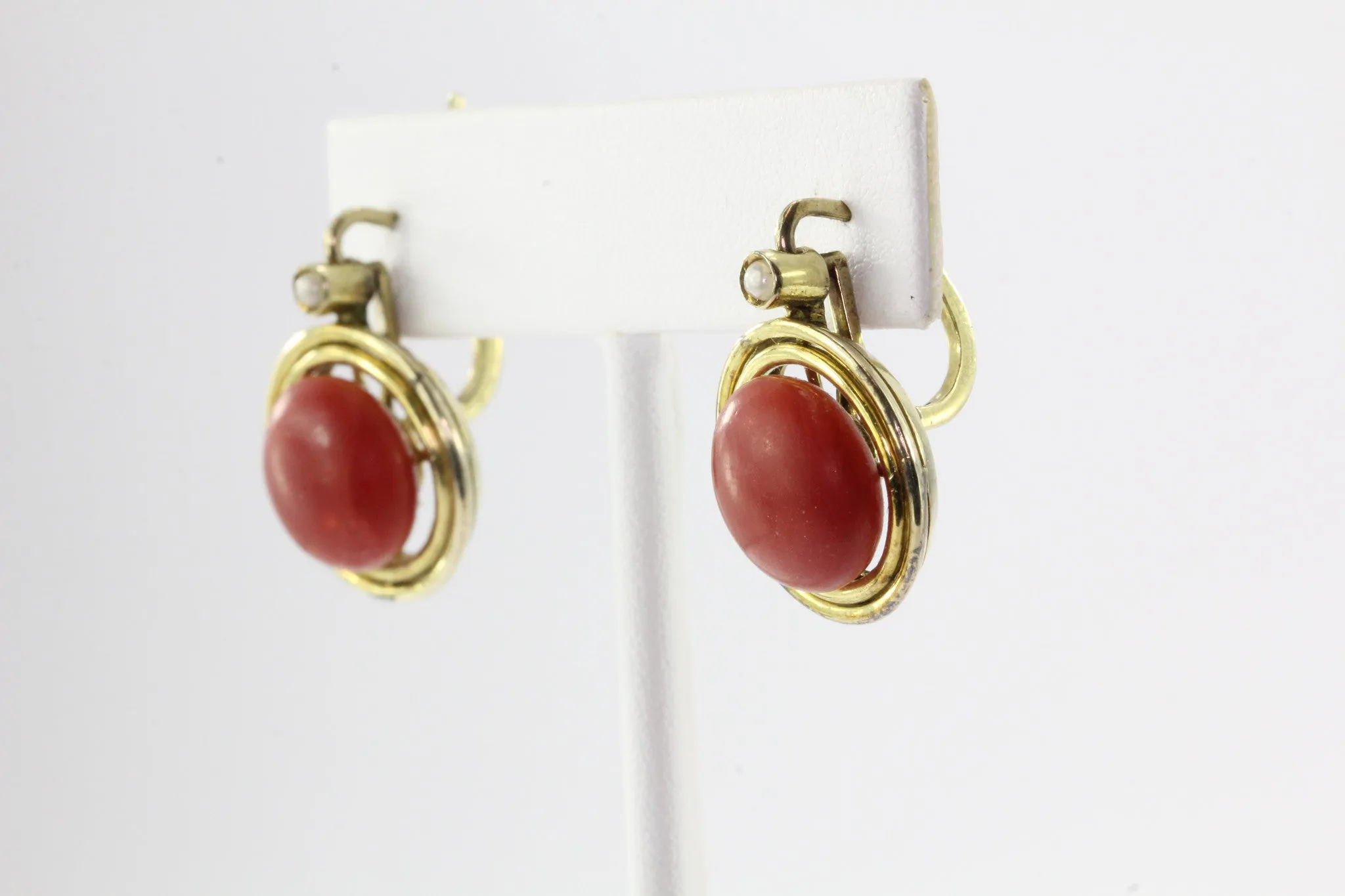 Victorian Red Oxblood Coral Seed Pearl 14K Gold Earrings
