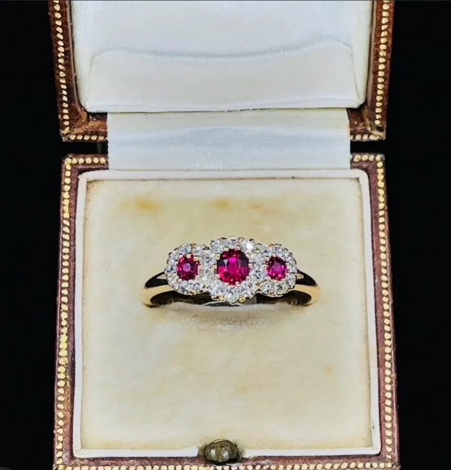 Victorian Ruby and Diamond Triple Round Cluster Ring