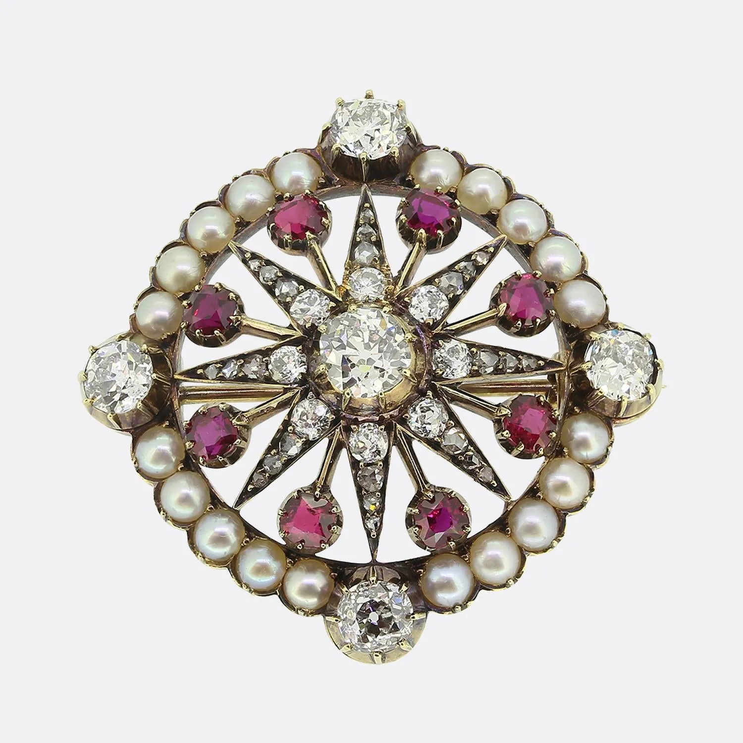 Victorian Ruby Pearl and Diamond Star Brooch