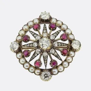 Victorian Ruby Pearl and Diamond Star Brooch