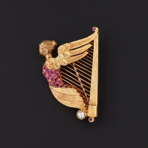 Vintage 18k Gold Irish Harp Brooch | 18k Music Brooch