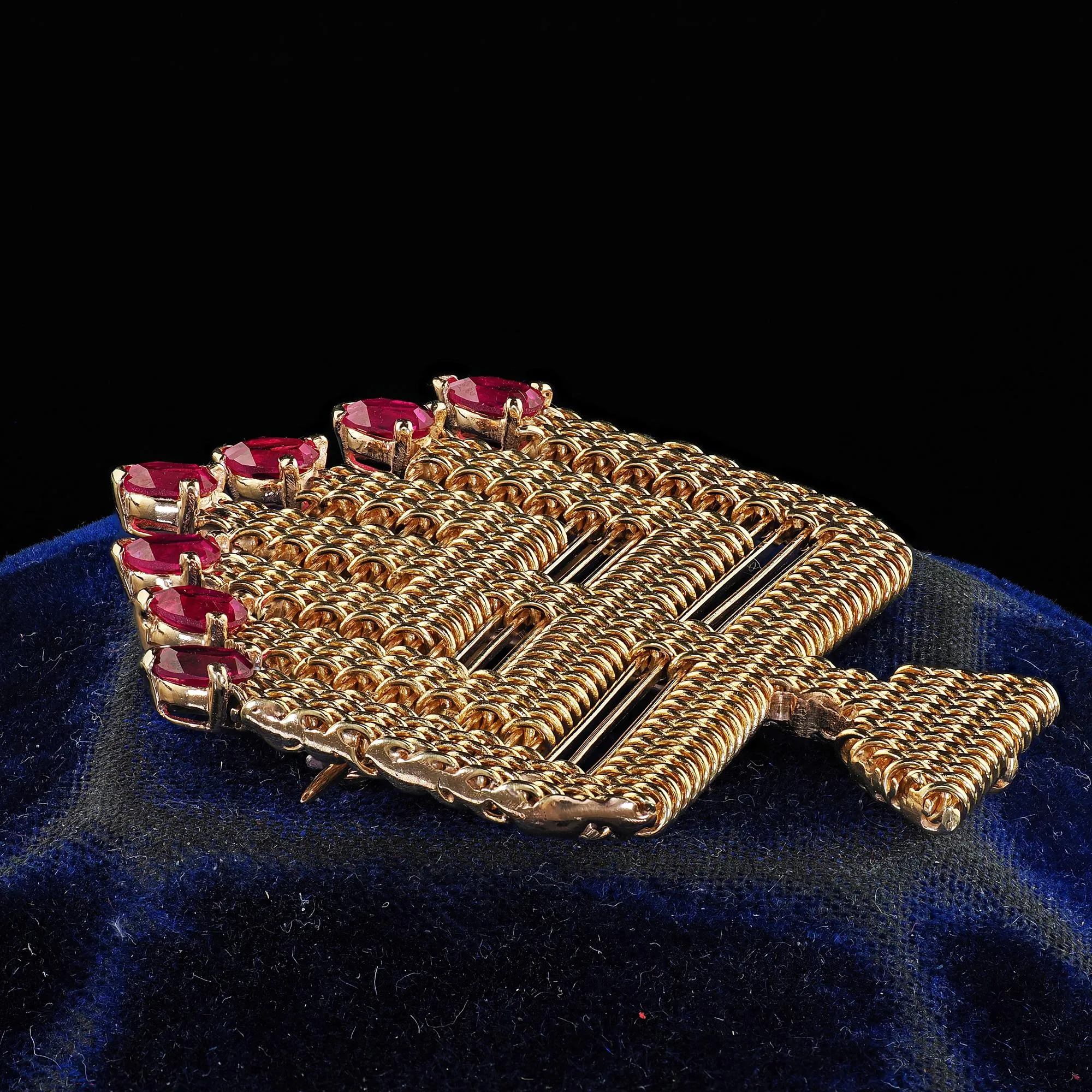 Vintage 18K Yellow Gold Weaved Menorah Ruby Pin and Pendant