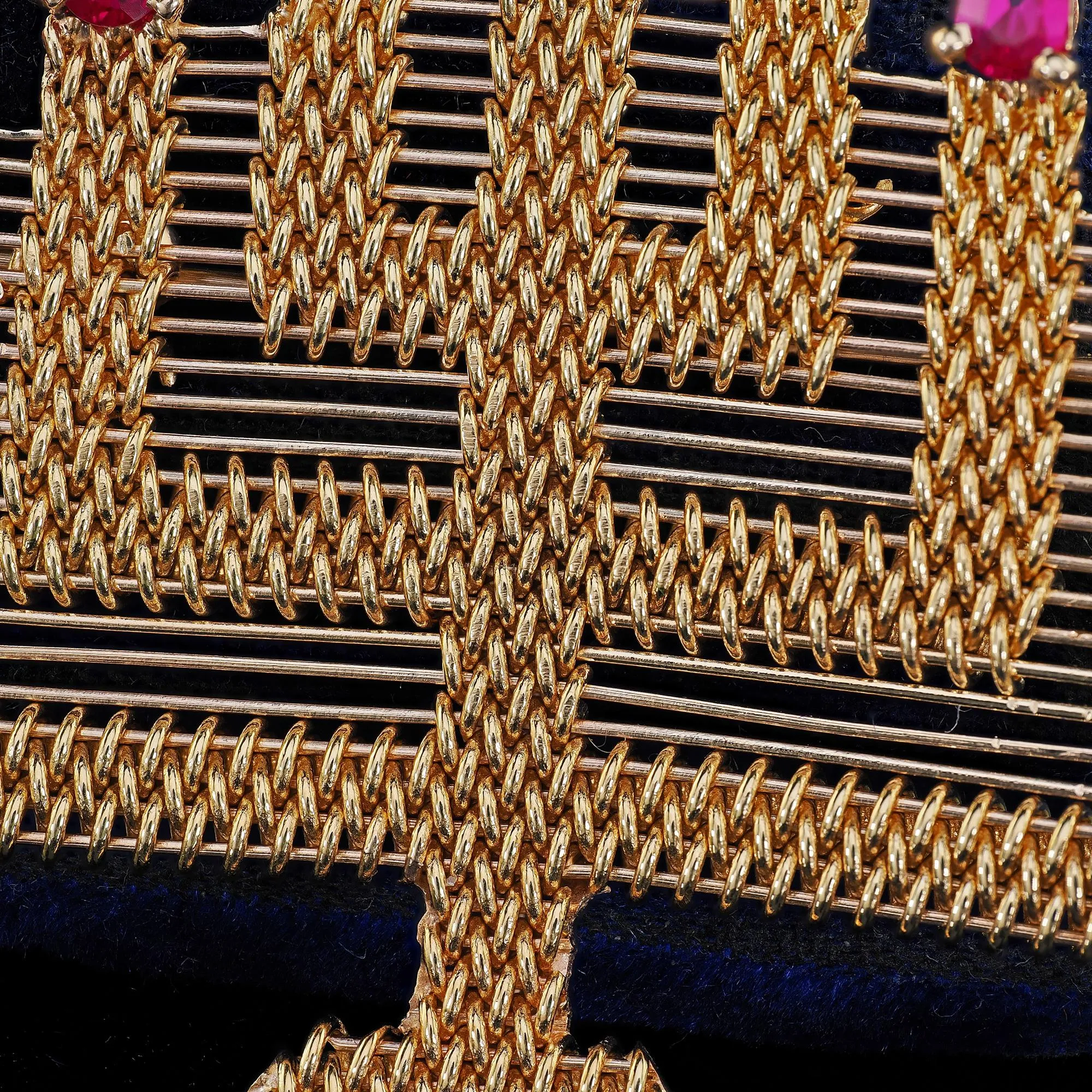 Vintage 18K Yellow Gold Weaved Menorah Ruby Pin and Pendant