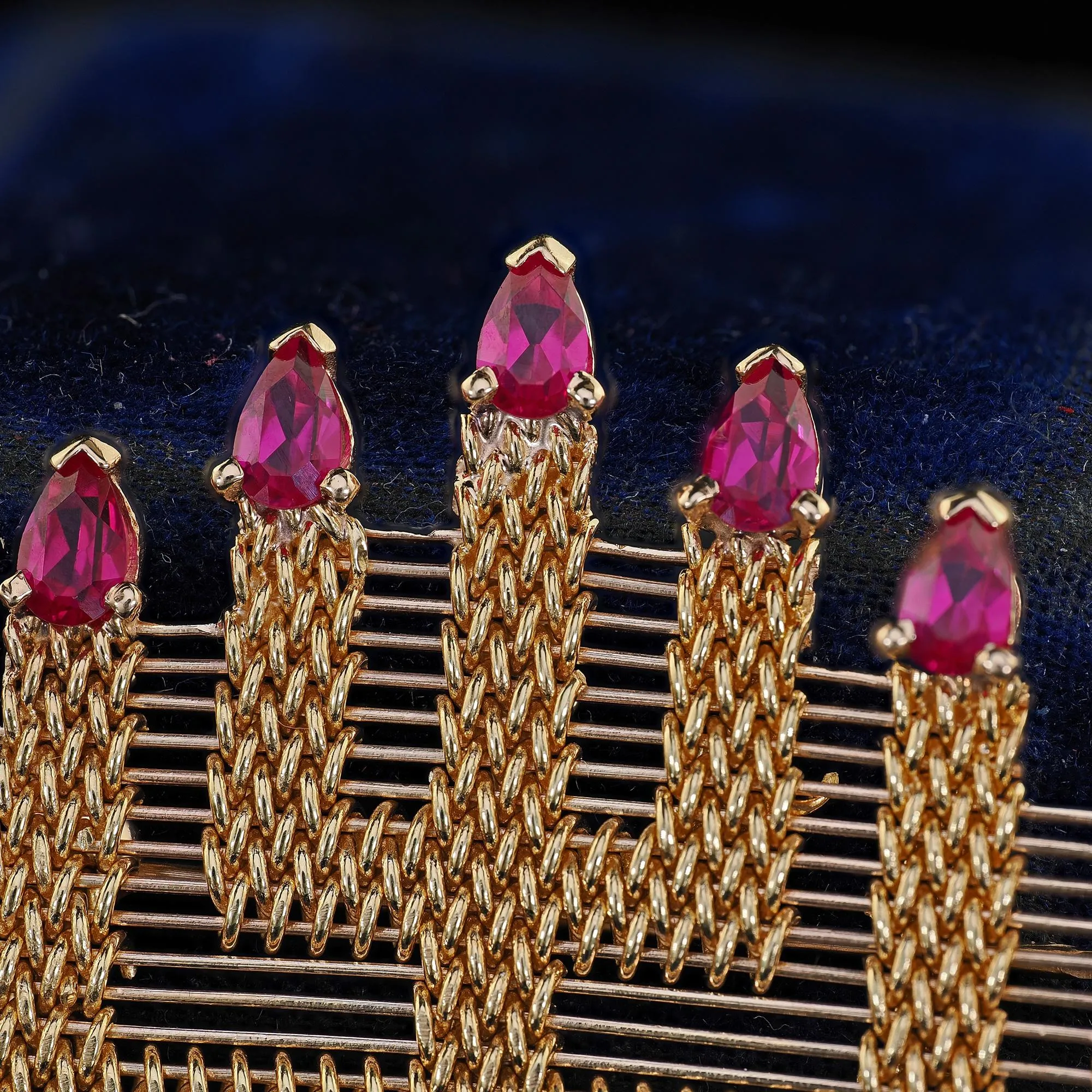Vintage 18K Yellow Gold Weaved Menorah Ruby Pin and Pendant