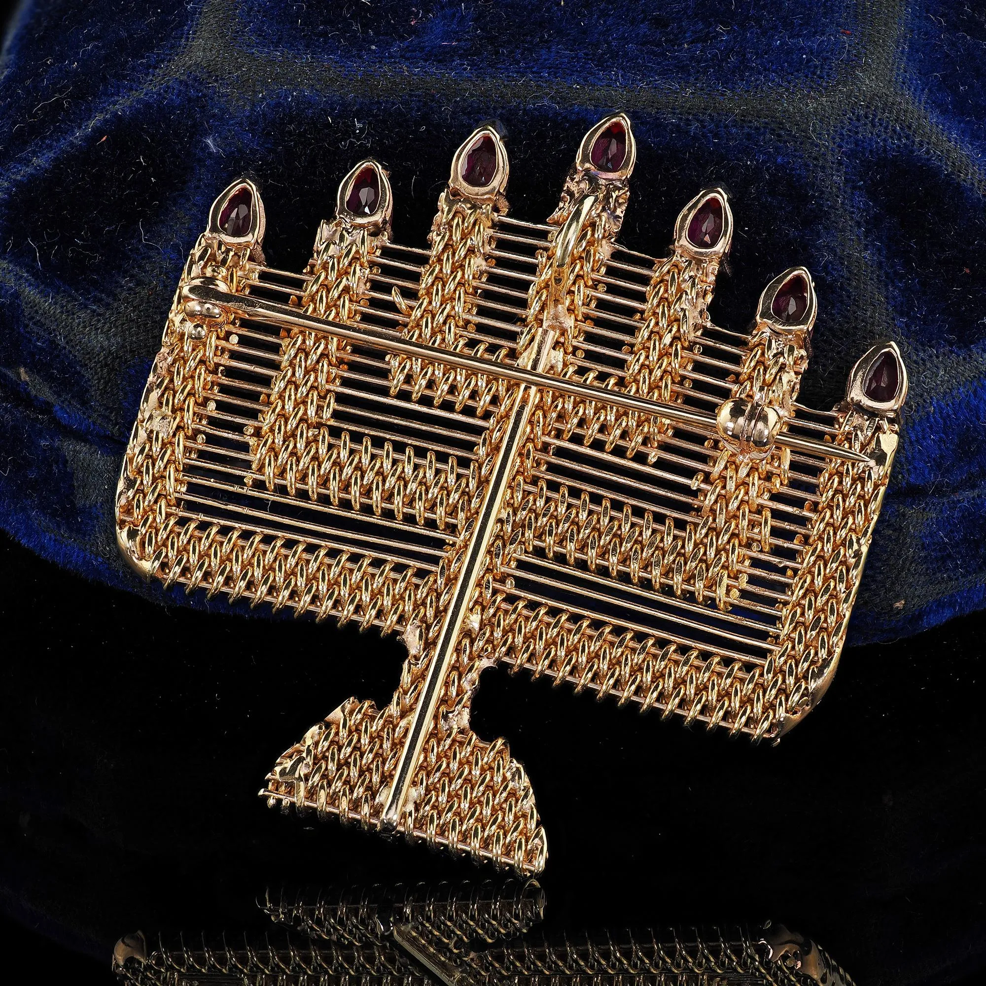 Vintage 18K Yellow Gold Weaved Menorah Ruby Pin and Pendant