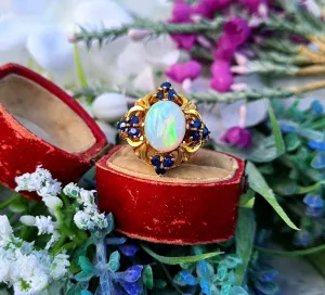 Vintage 1972 9ct Yellow Gold Ornate Opal and Sapphire Statement Cluster Ring / Size Q 1/2 or 8.75