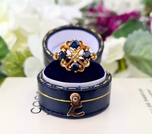 Vintage 1975 9ct Gold Ornate Midnight Blue Sapphire Cluster Ring / Size O or 7.5
