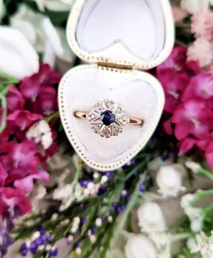Vintage 1978 9ct Gold Ornate Sapphire and Diamond Star Cluster Ring / Size O or 7.5
