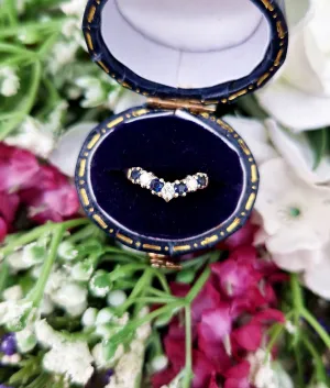 Vintage 1994 9ct Yellow Gold Sapphire and Diamond Wishbone V Shaped Stacking Ring / Size J 1/2 or 5.25