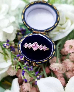 Vintage Art Deco Style 18ct White Gold Pink Sapphire 5 Stone Ring / Size T 1/2 or 10.25