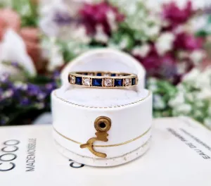 Vintage Art Deco Style 9ct Yellow Gold Sapphire Spinel Eternity Band Ring / Size K or 5.5