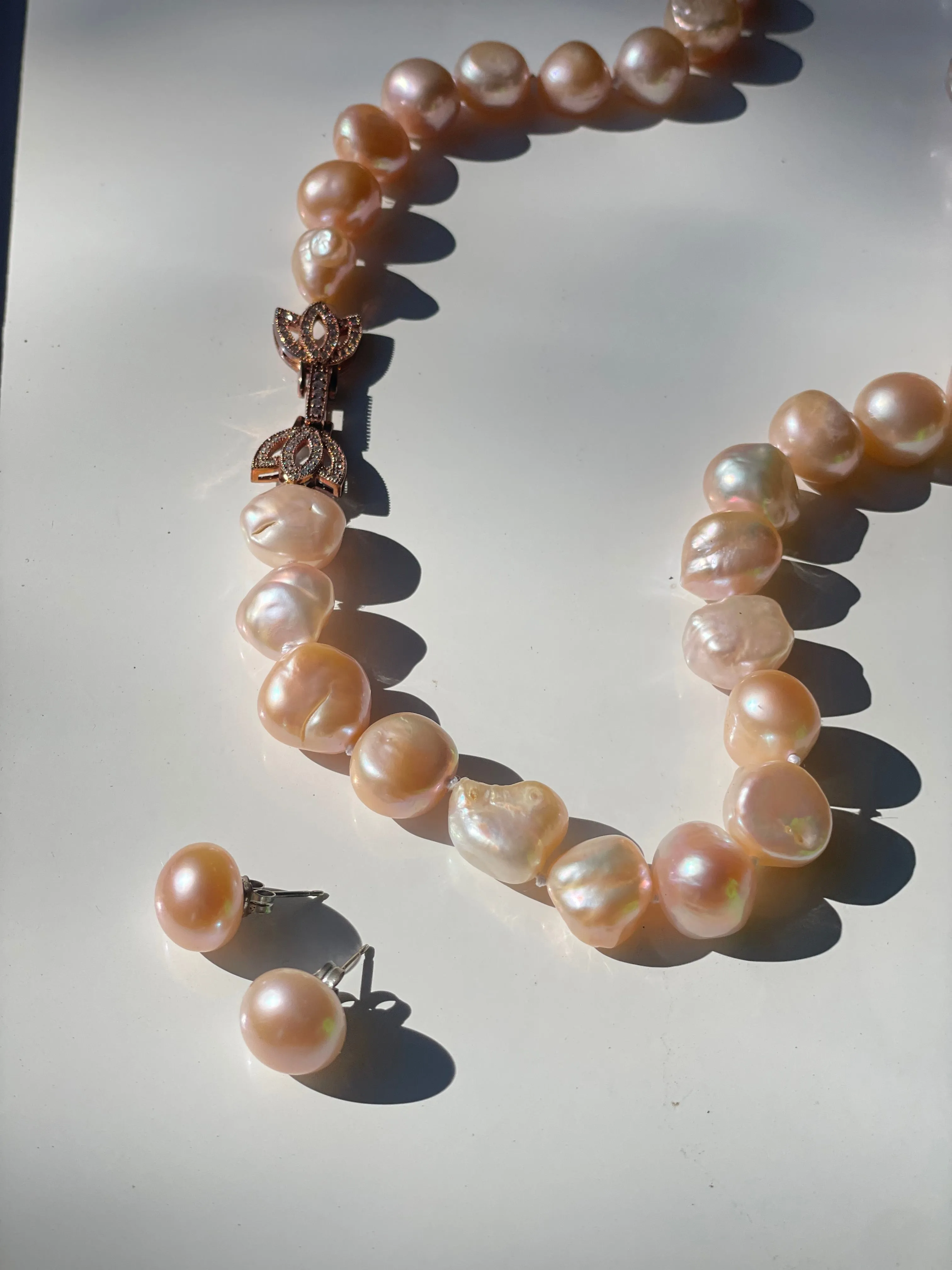 Vintage Baroque Blush Pink Pearl Necklace and Earrings