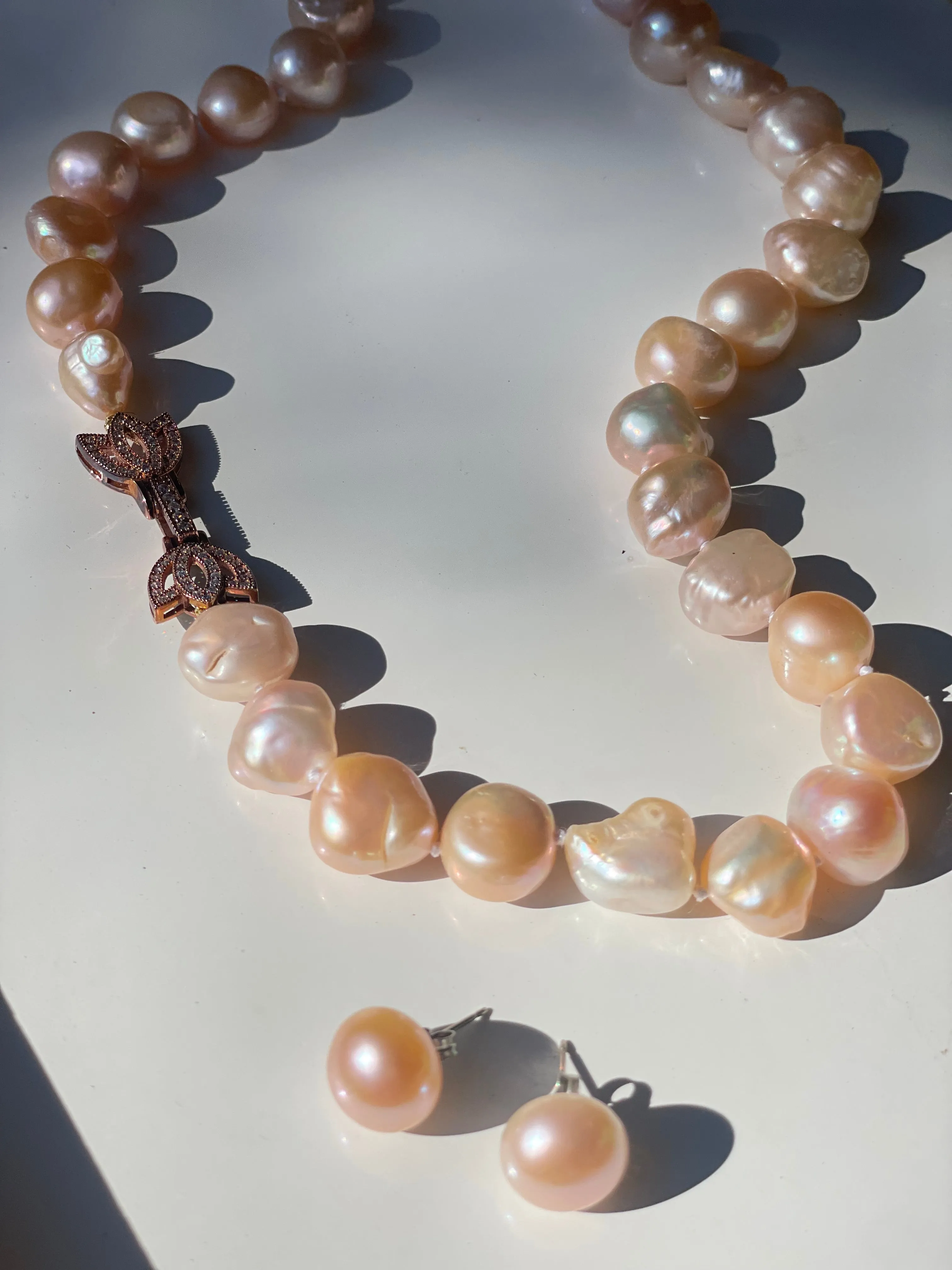 Vintage Baroque Blush Pink Pearl Necklace and Earrings