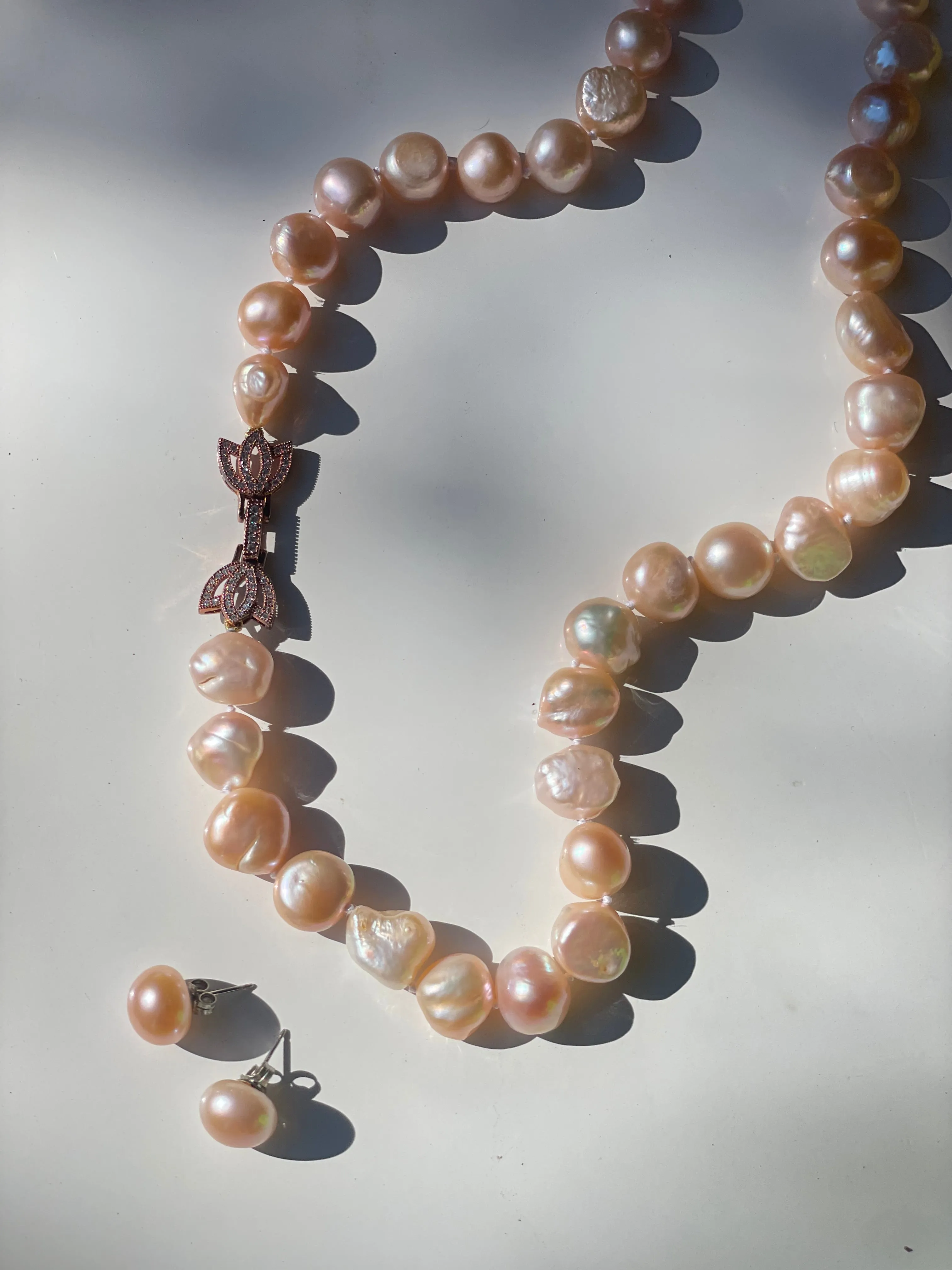 Vintage Baroque Blush Pink Pearl Necklace and Earrings