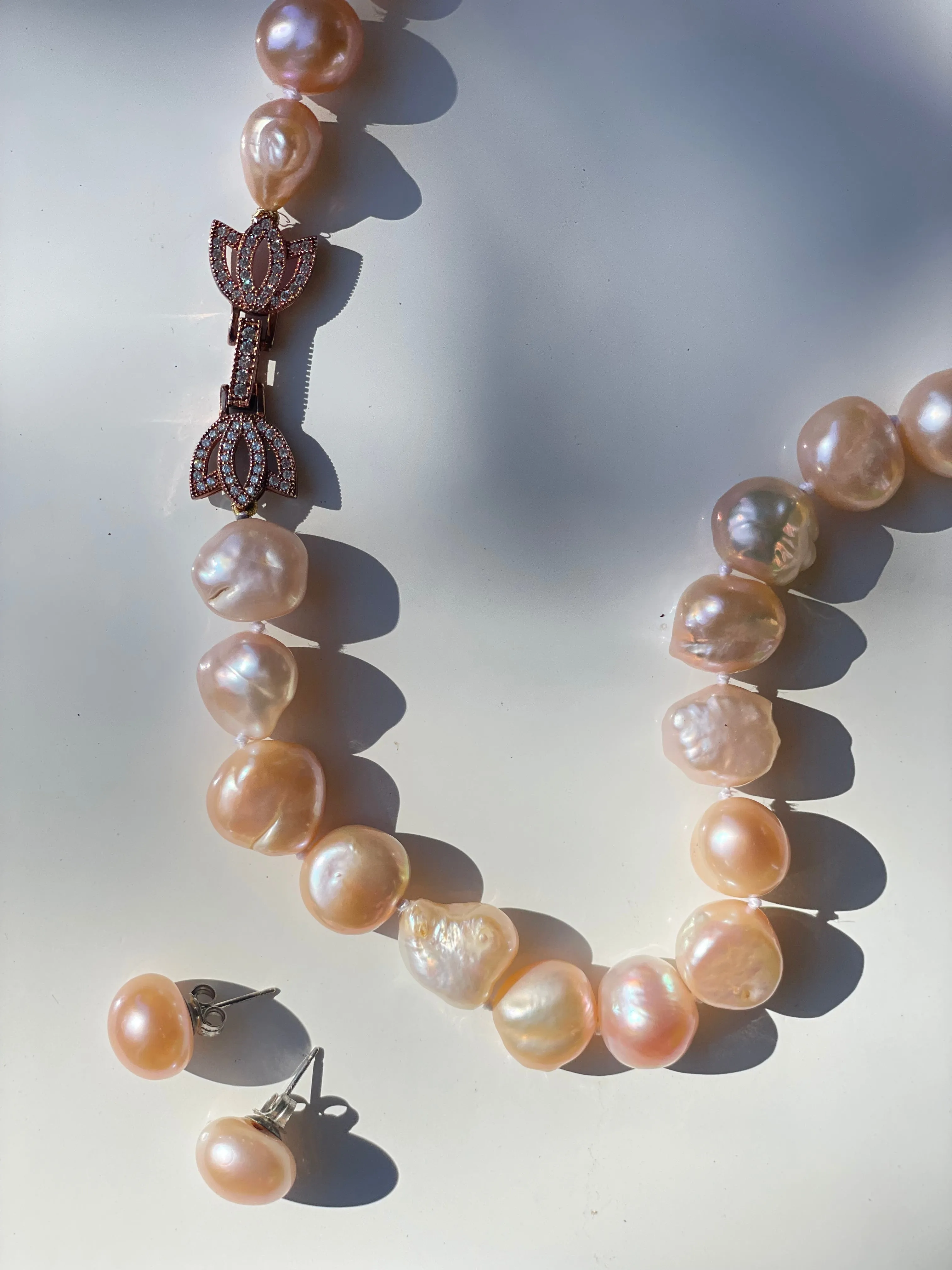 Vintage Baroque Blush Pink Pearl Necklace and Earrings