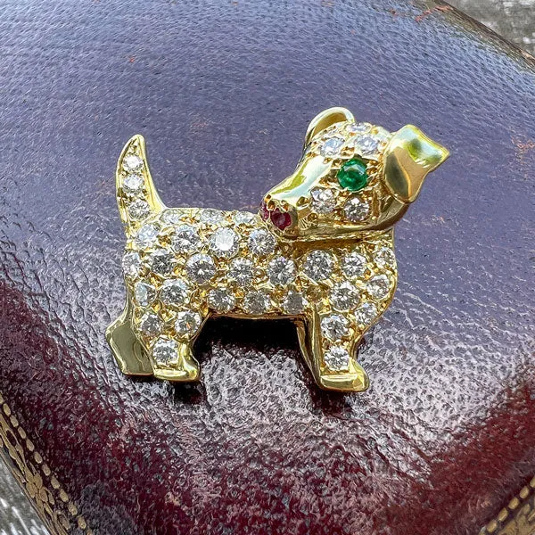 Vintage Diamond Emerald & Ruby Dog Pin