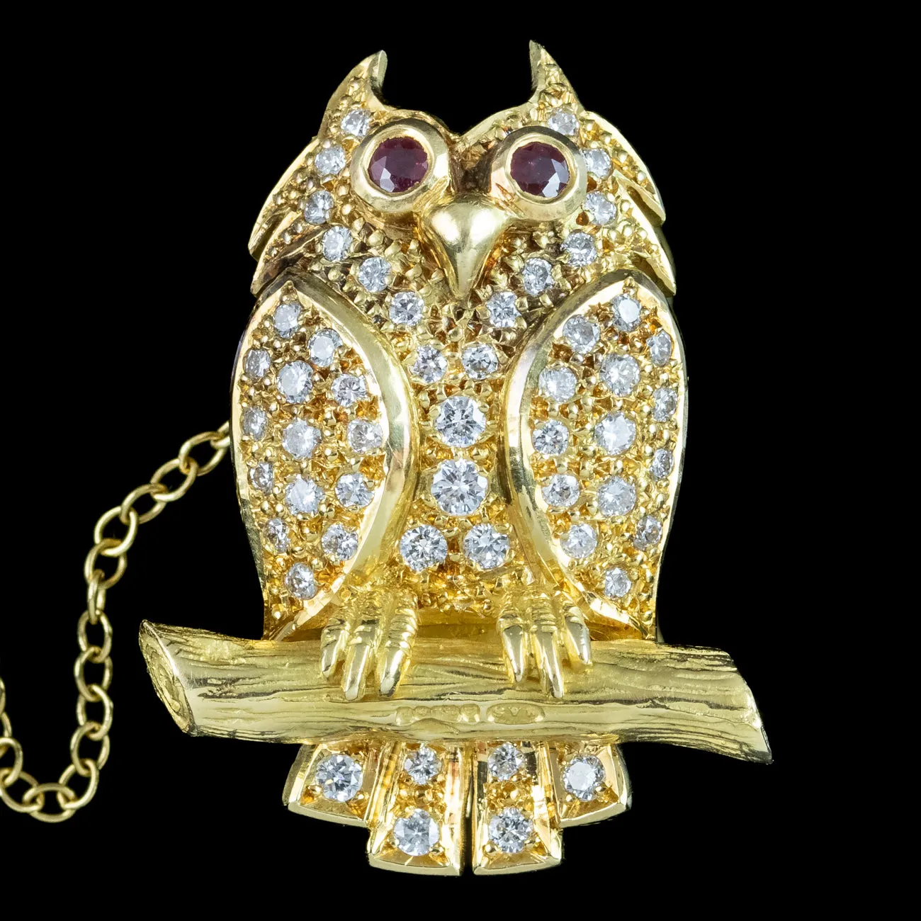 Vintage Diamond Ruby Owl Brooch 18ct Gold