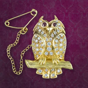 Vintage Diamond Ruby Owl Brooch 18ct Gold