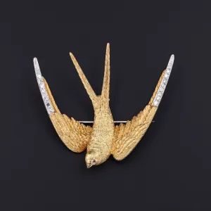Vintage Diamond Swallow Brooch of 18k Gold