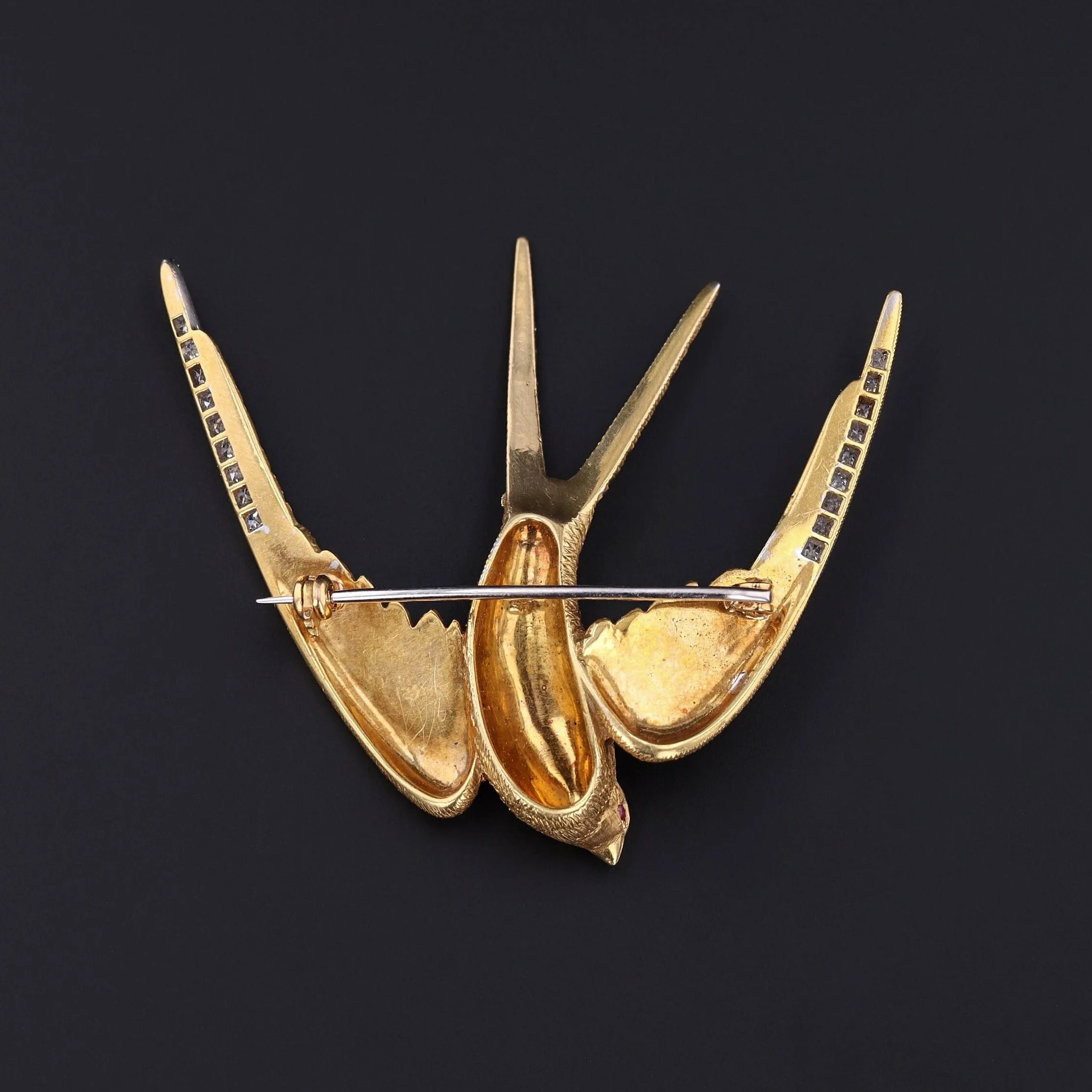 Vintage Diamond Swallow Brooch of 18k Gold
