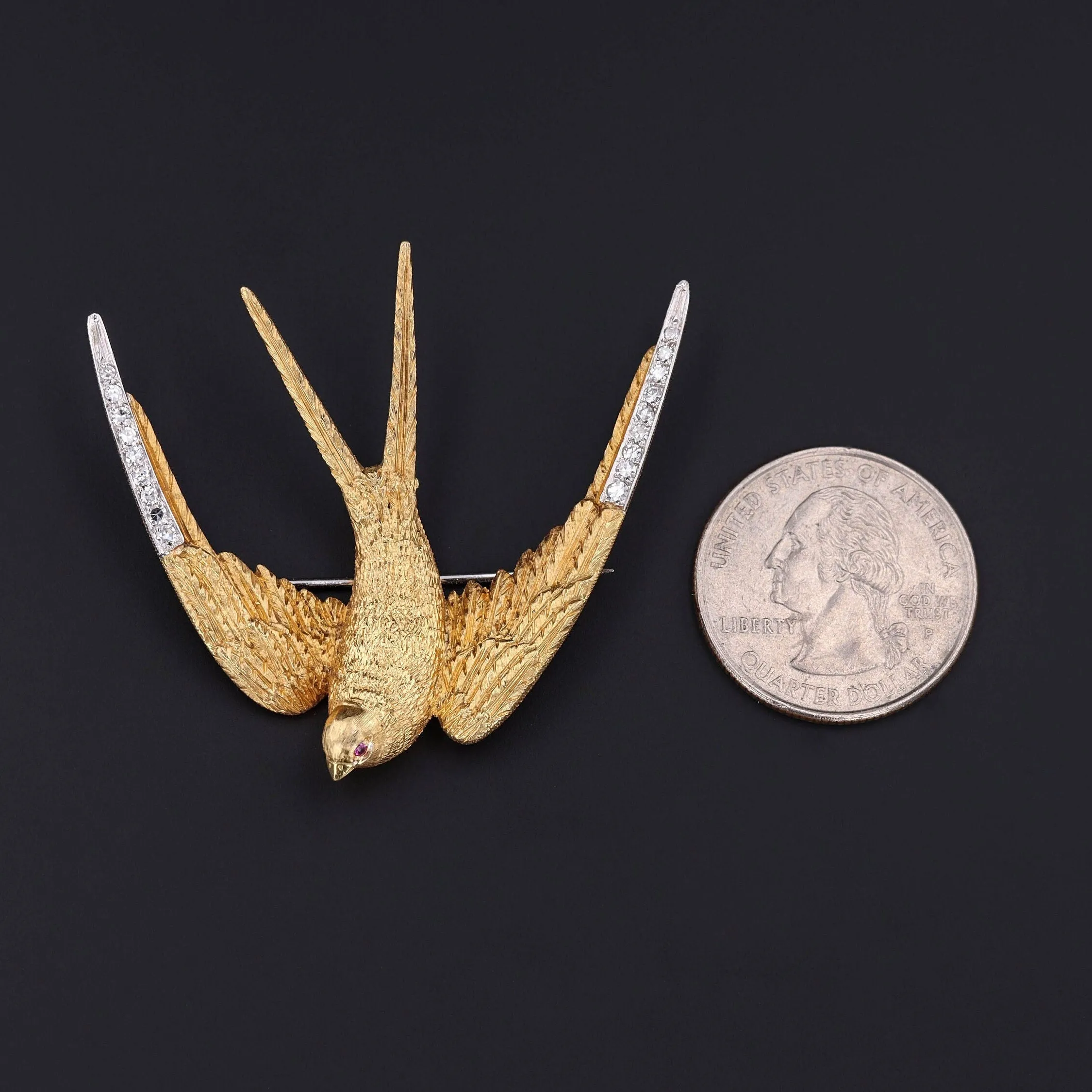 Vintage Diamond Swallow Brooch of 18k Gold