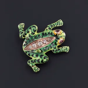 Vintage Enamel and Diamond Frog Brooch of 14k Gold