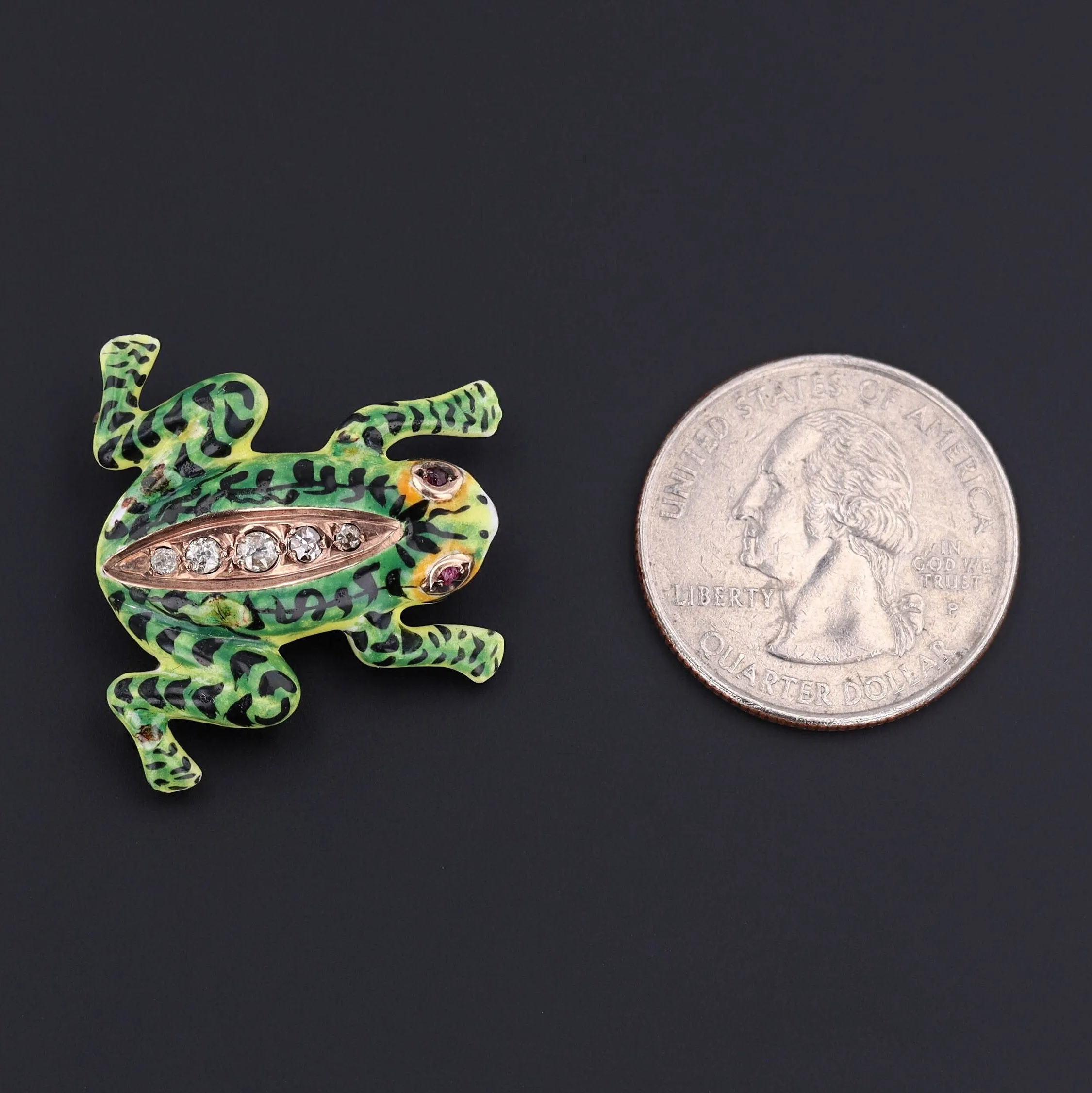 Vintage Enamel and Diamond Frog Brooch of 14k Gold