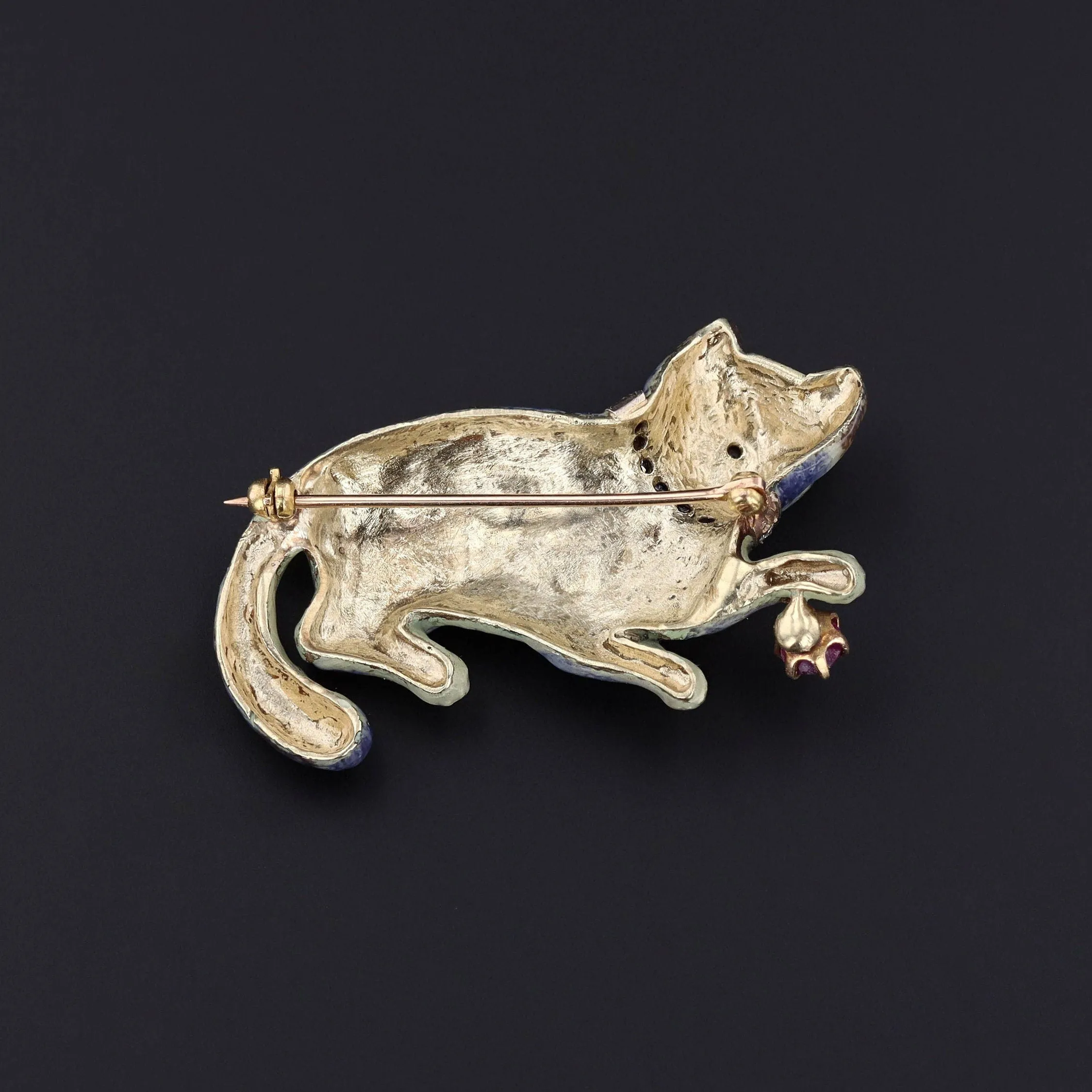 Vintage Enamel Cat Brooch of 14k Gold