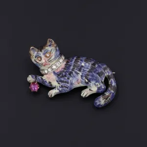 Vintage Enamel Cat Brooch of 14k Gold