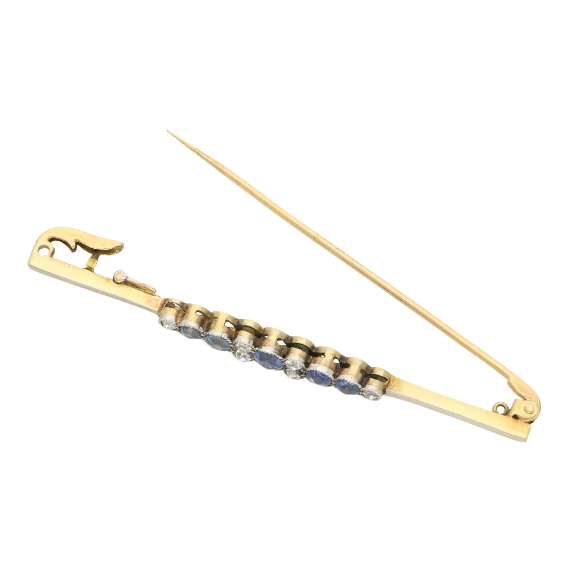 Vintage Old Cut Diamond and Blue Sapphire Bar Brooch
