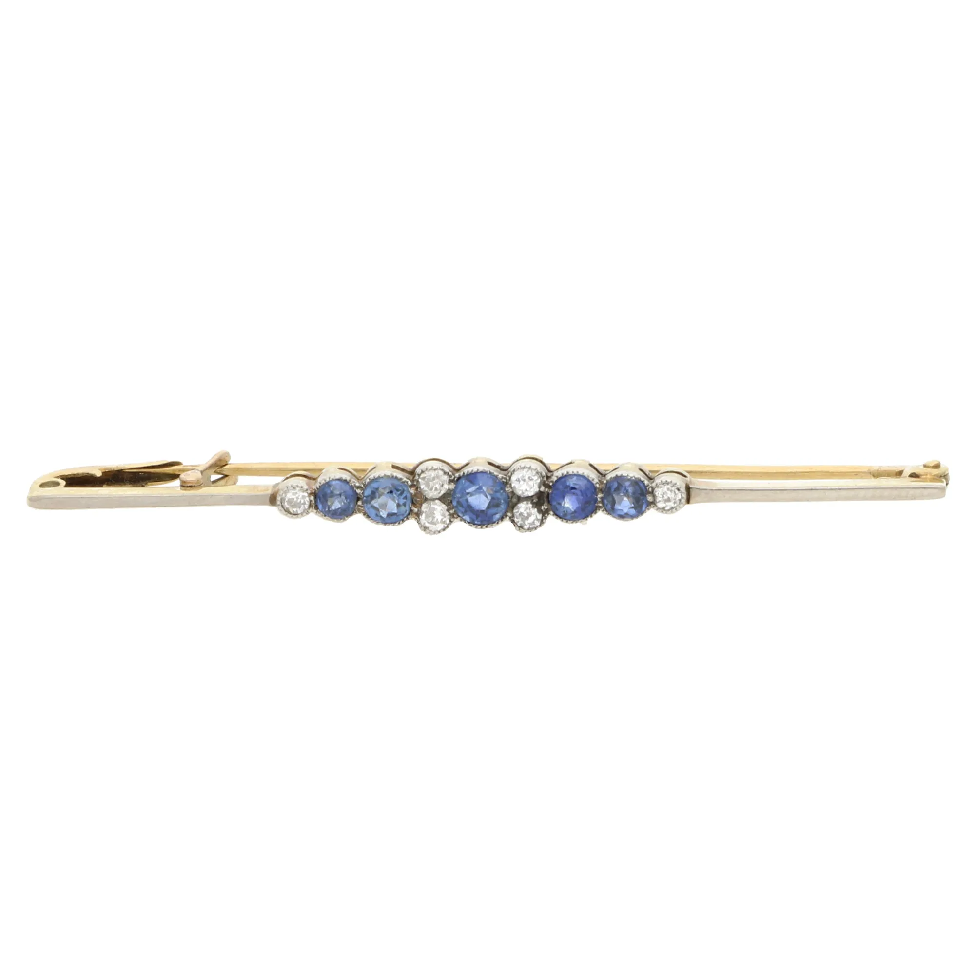 Vintage Old Cut Diamond and Blue Sapphire Bar Brooch