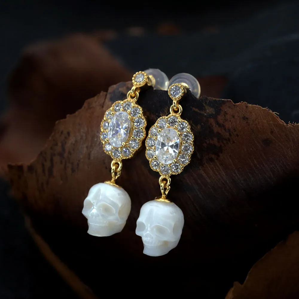 Vintage Oval Halo CZ Pearl Skull Earrings