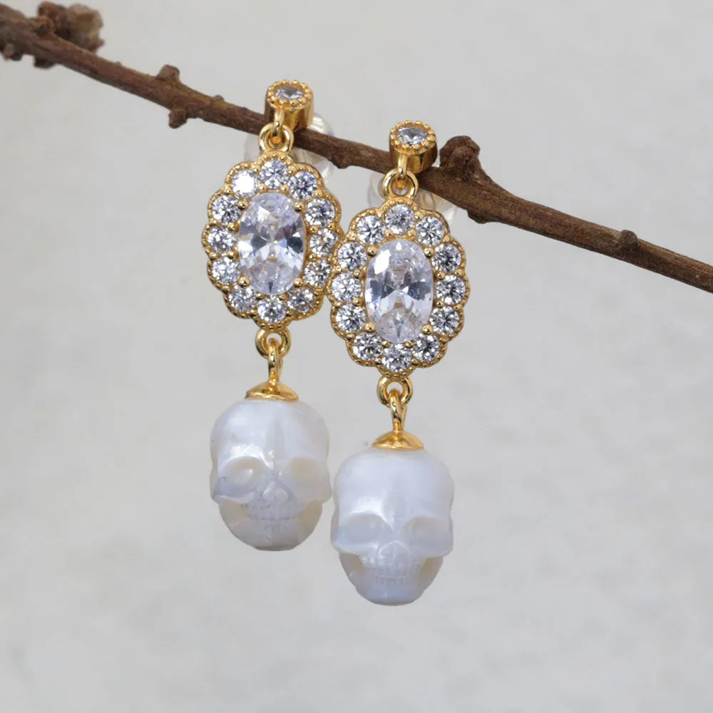 Vintage Oval Halo CZ Pearl Skull Earrings