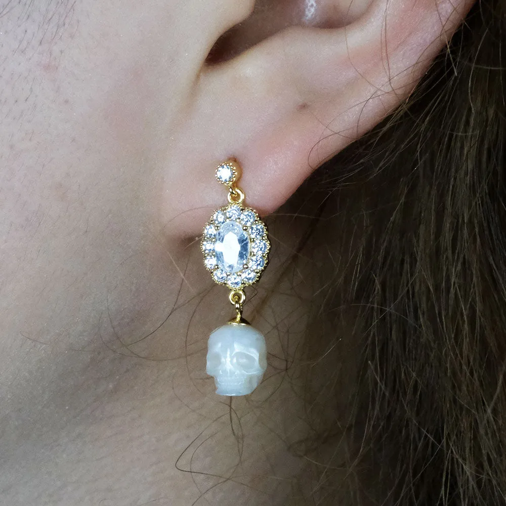 Vintage Oval Halo CZ Pearl Skull Earrings