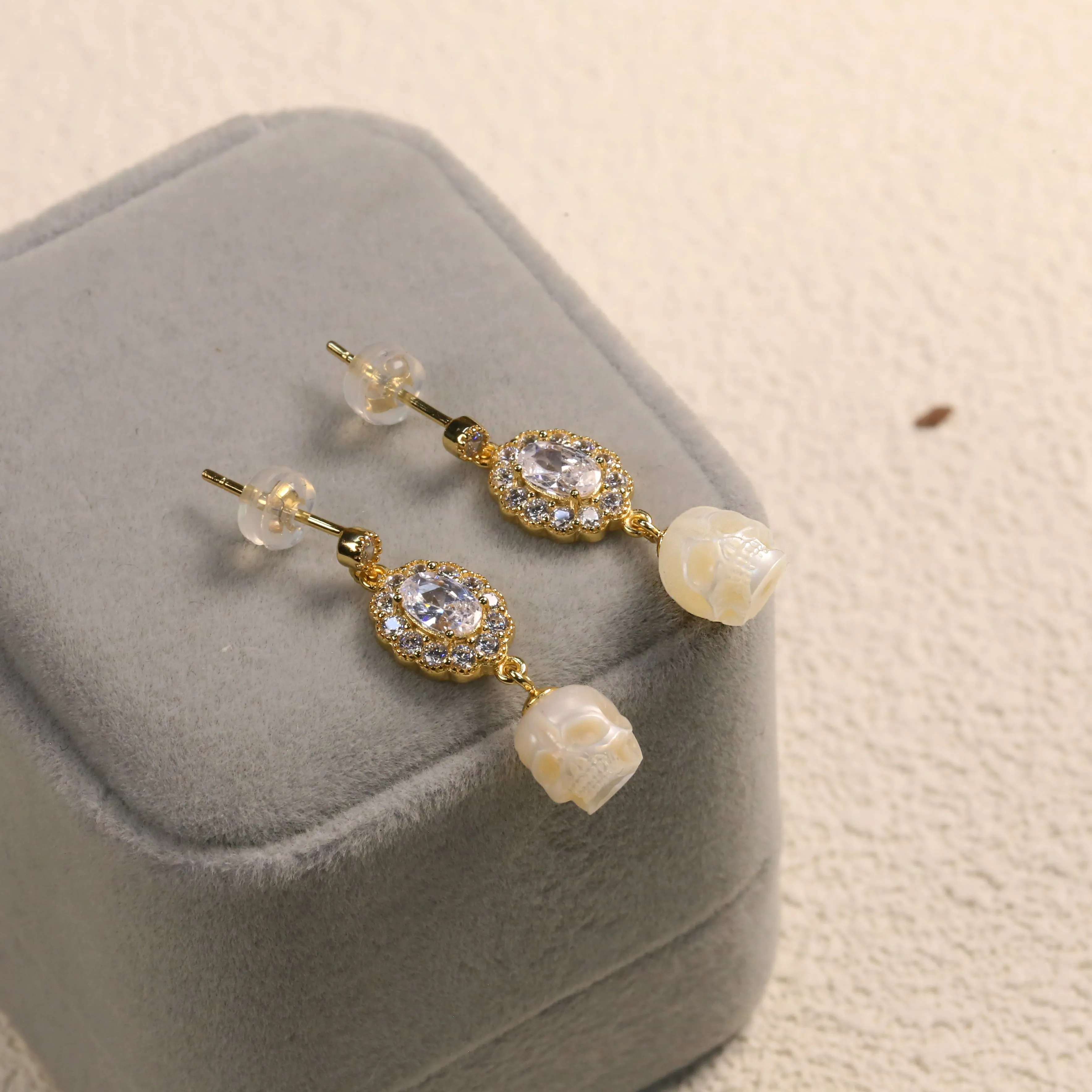 Vintage Oval Halo CZ Pearl Skull Earrings
