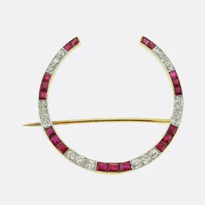 Vintage Ruby and Diamond Horseshoe Brooch