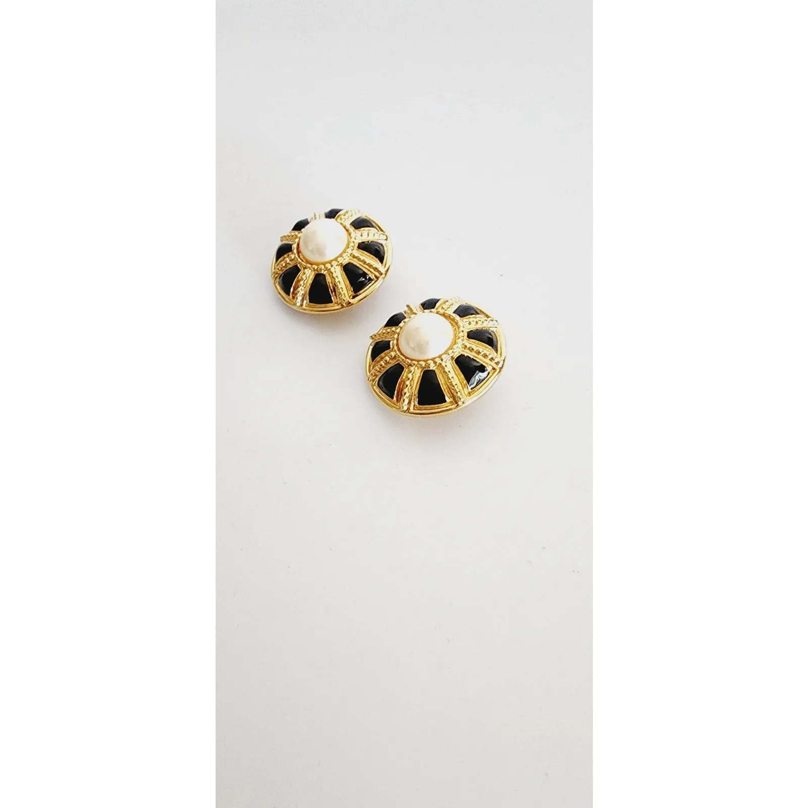 Vintage St John Earrings Clips Gold Pearl Black Enamel Button Style