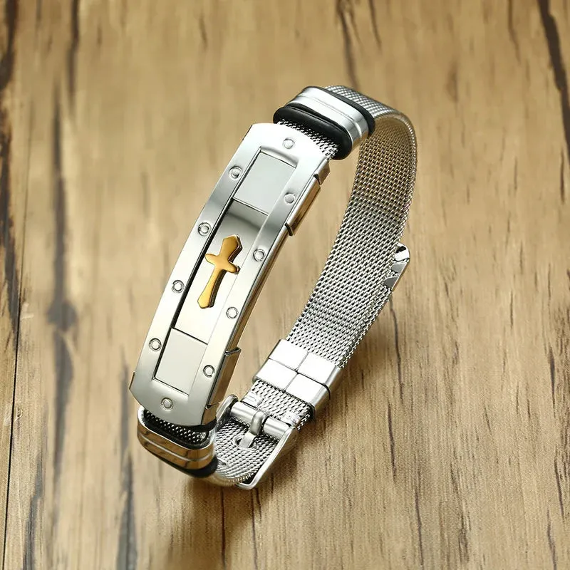 Vnox Mens Cross Cuff Bangle Bracelet Stainless Steel ID Bracelet for Male Boy Ceremony Masculino Jewelry Size Adjustable