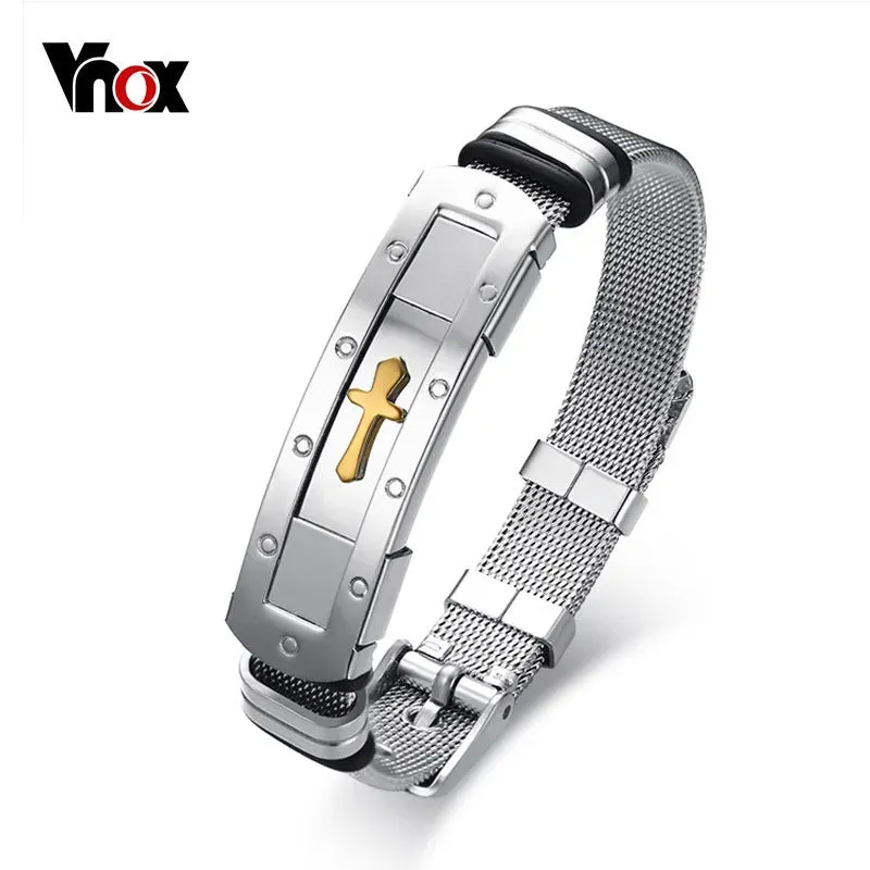 Vnox Mens Cross Cuff Bangle Bracelet Stainless Steel ID Bracelet for Male Boy Ceremony Masculino Jewelry Size Adjustable