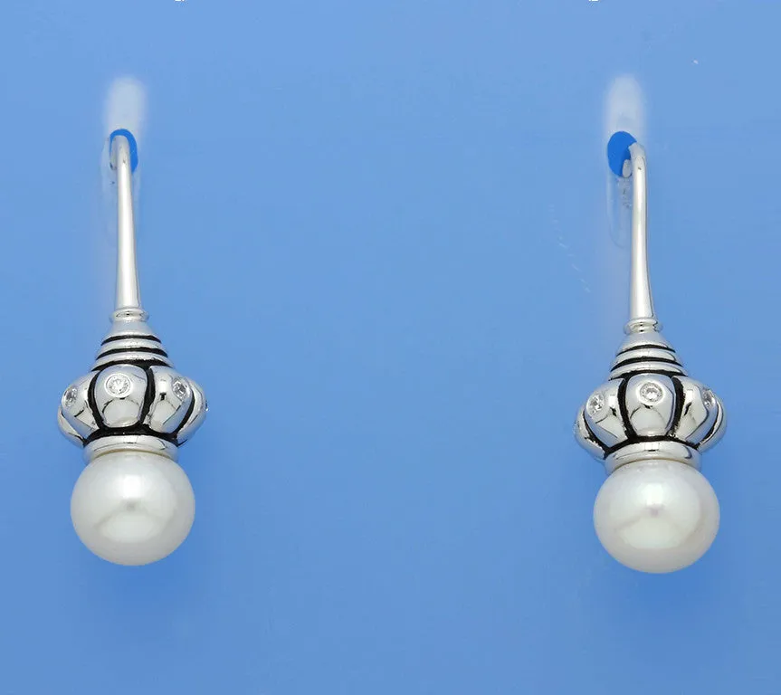 White and Black Plated Silver Earrings with 9-9.5mm Drop Shape Freshwater Pearl and Cubic Zirconia