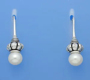 White and Black Plated Silver Earrings with 9-9.5mm Drop Shape Freshwater Pearl and Cubic Zirconia