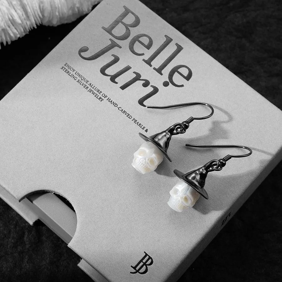 Witch Hat Pearl Carved Skull Earrings