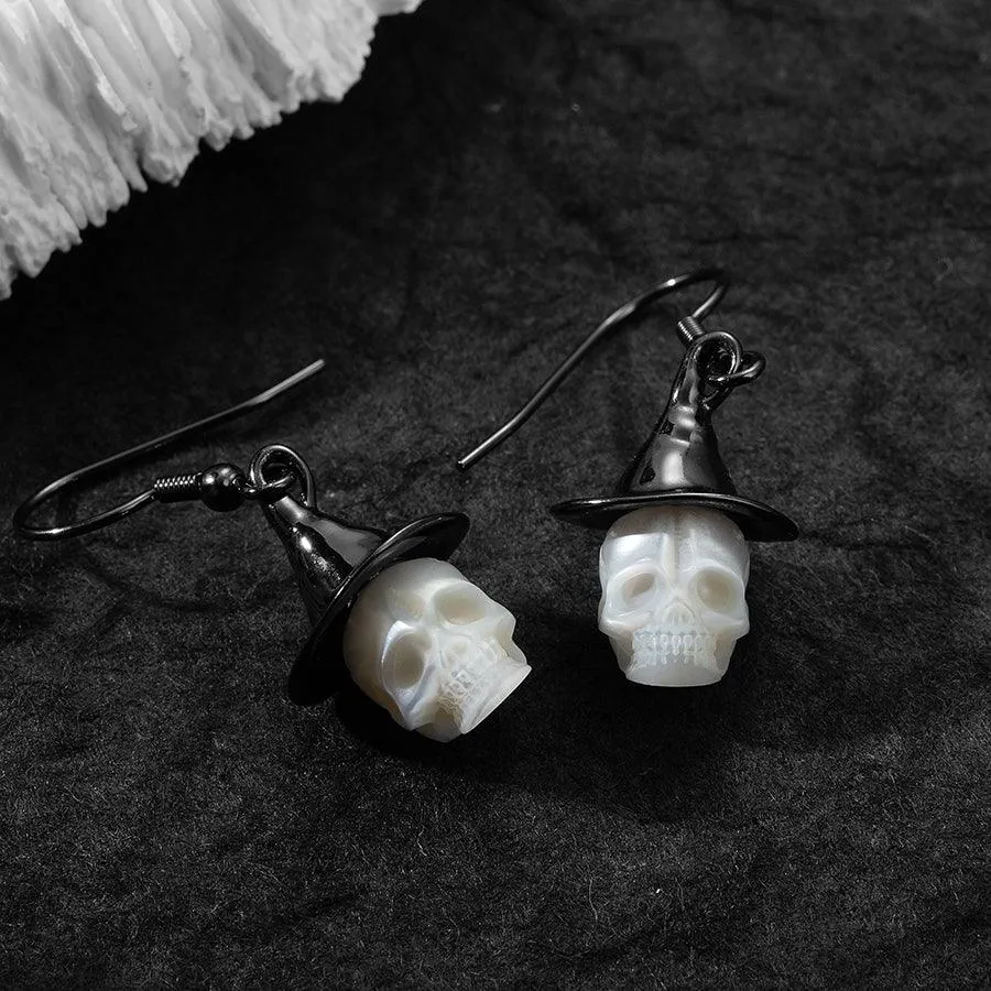 Witch Hat Pearl Carved Skull Earrings