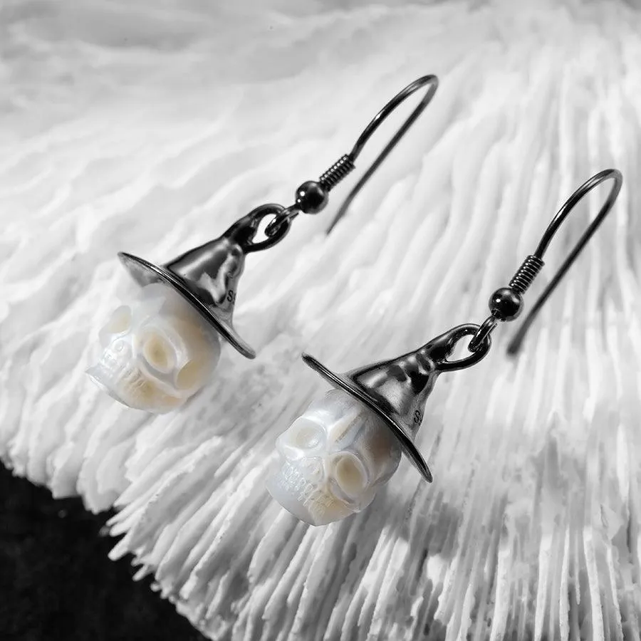 Witch Hat Pearl Carved Skull Earrings