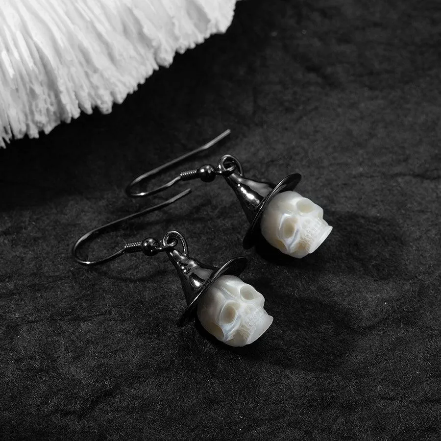 Witch Hat Pearl Carved Skull Earrings